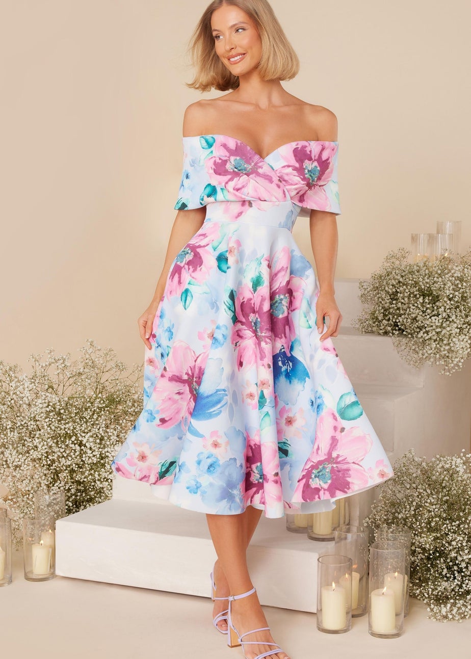 Quiz Multi Floral Bardot Skater Midi Dress