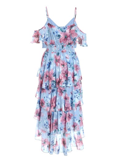 Quiz Blue Floral Chiffon Tiered Midi Dress