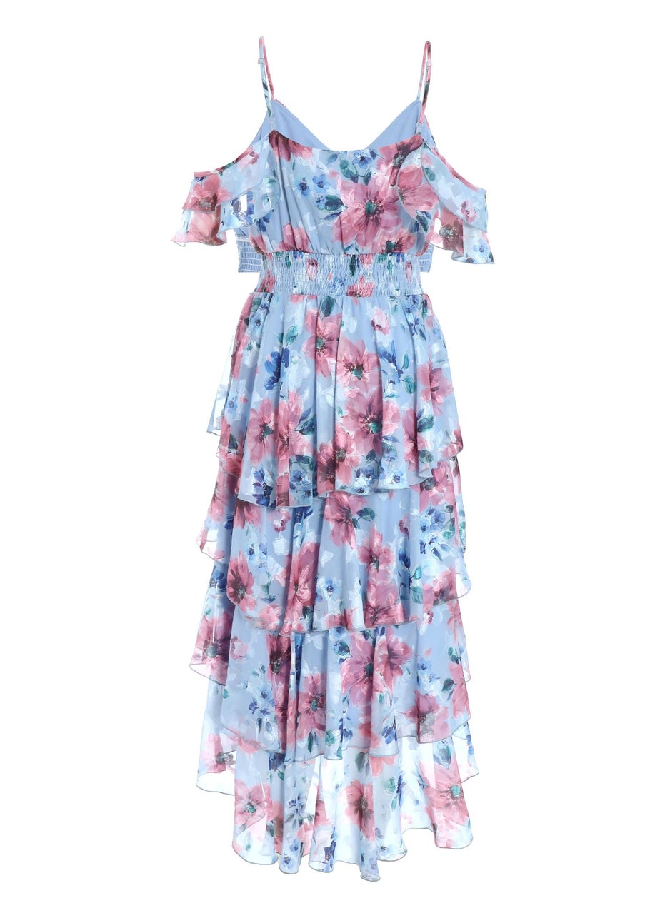 Quiz Blue Floral Chiffon Tiered Midi Dress