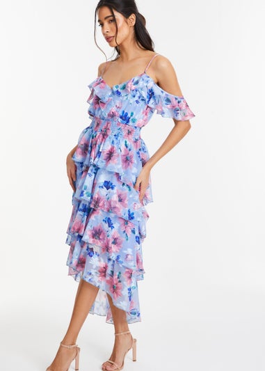 Quiz Blue Floral Chiffon Tiered Midi Dress