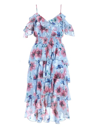 Quiz Blue Floral Chiffon Tiered Midi Dress