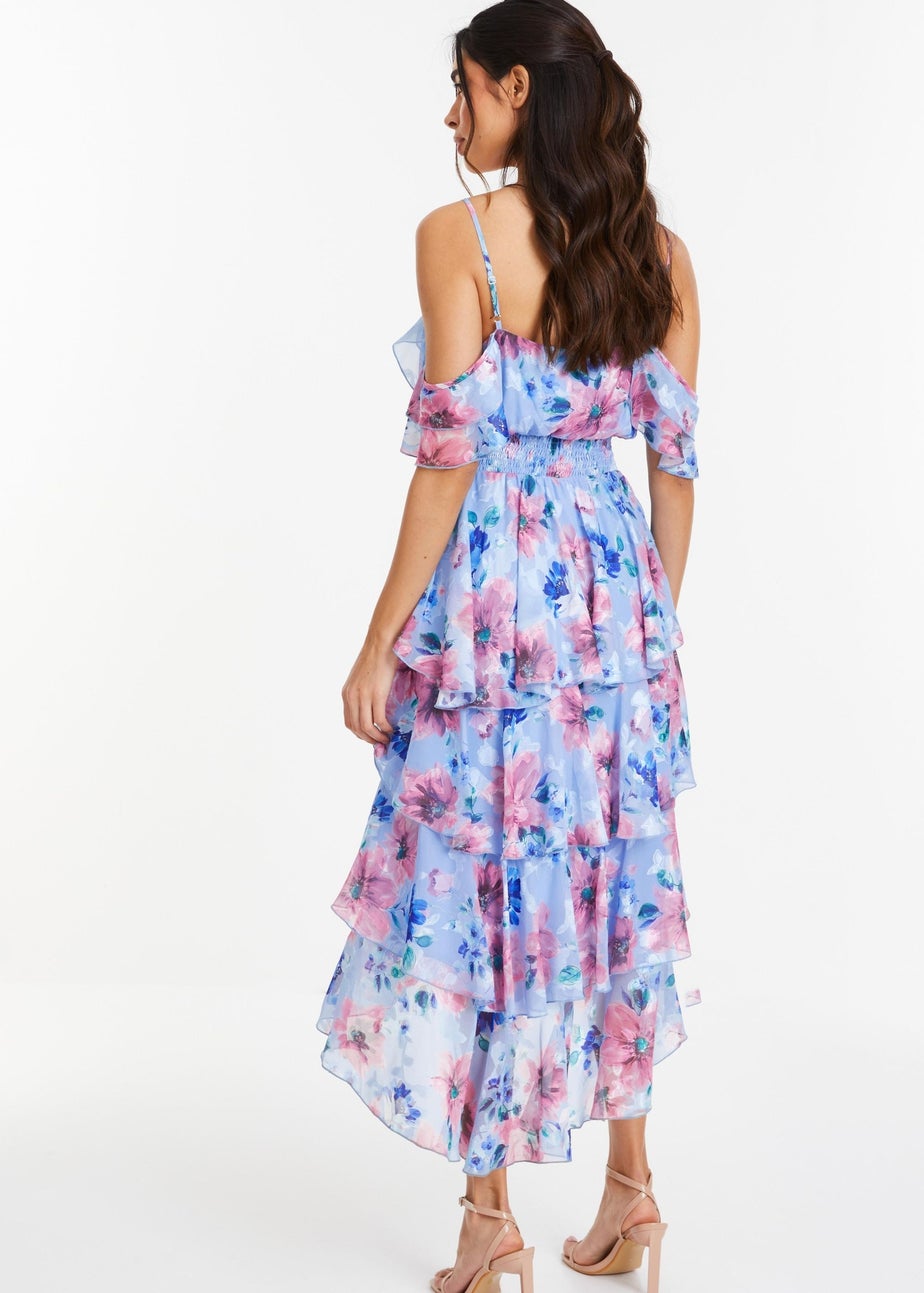 Quiz Blue Floral Chiffon Tiered Midi Dress