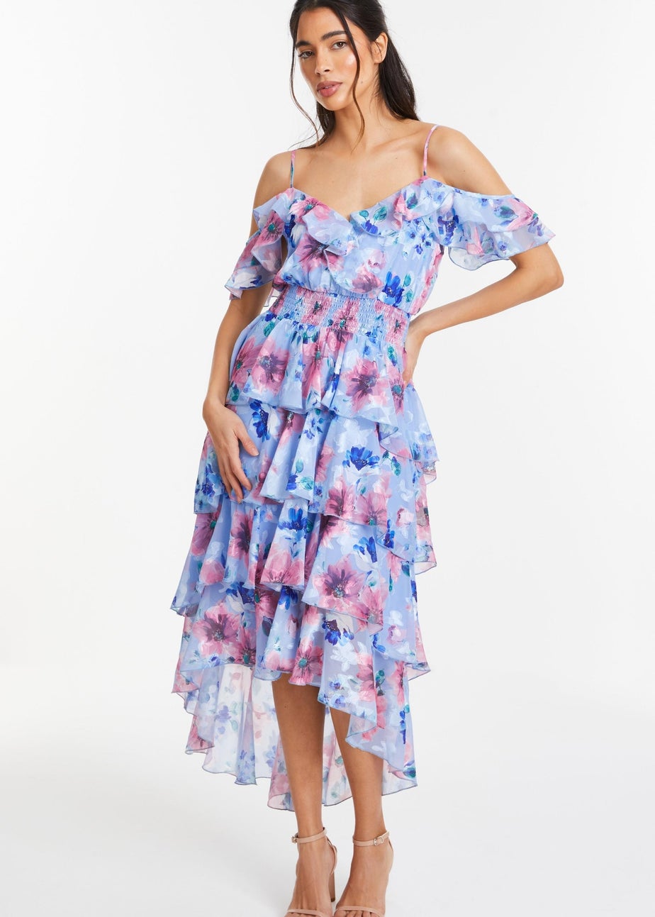 Quiz Blue Floral Chiffon Tiered Midi Dress