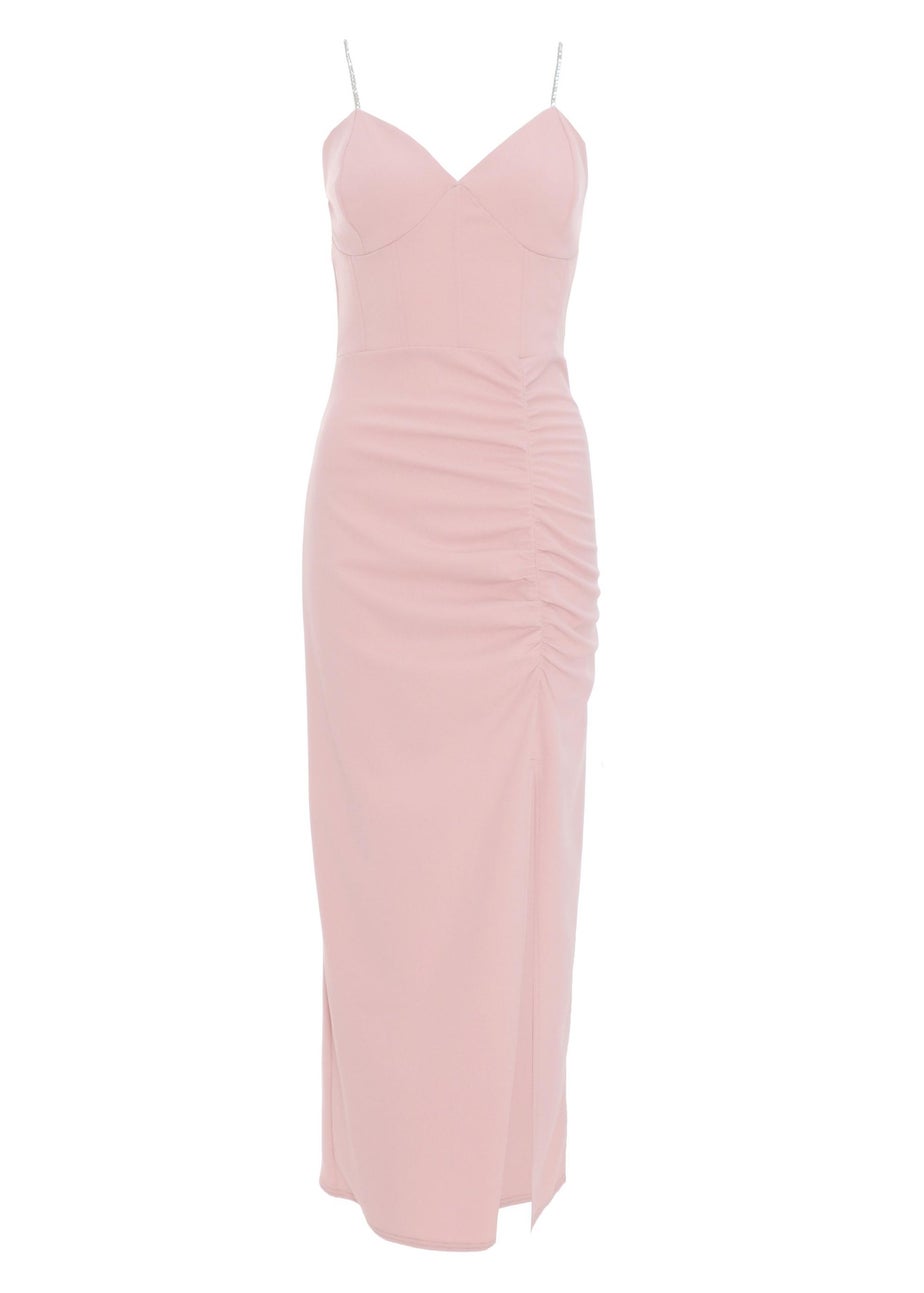 Quiz Pink Diamante Ruched Maxi Dress