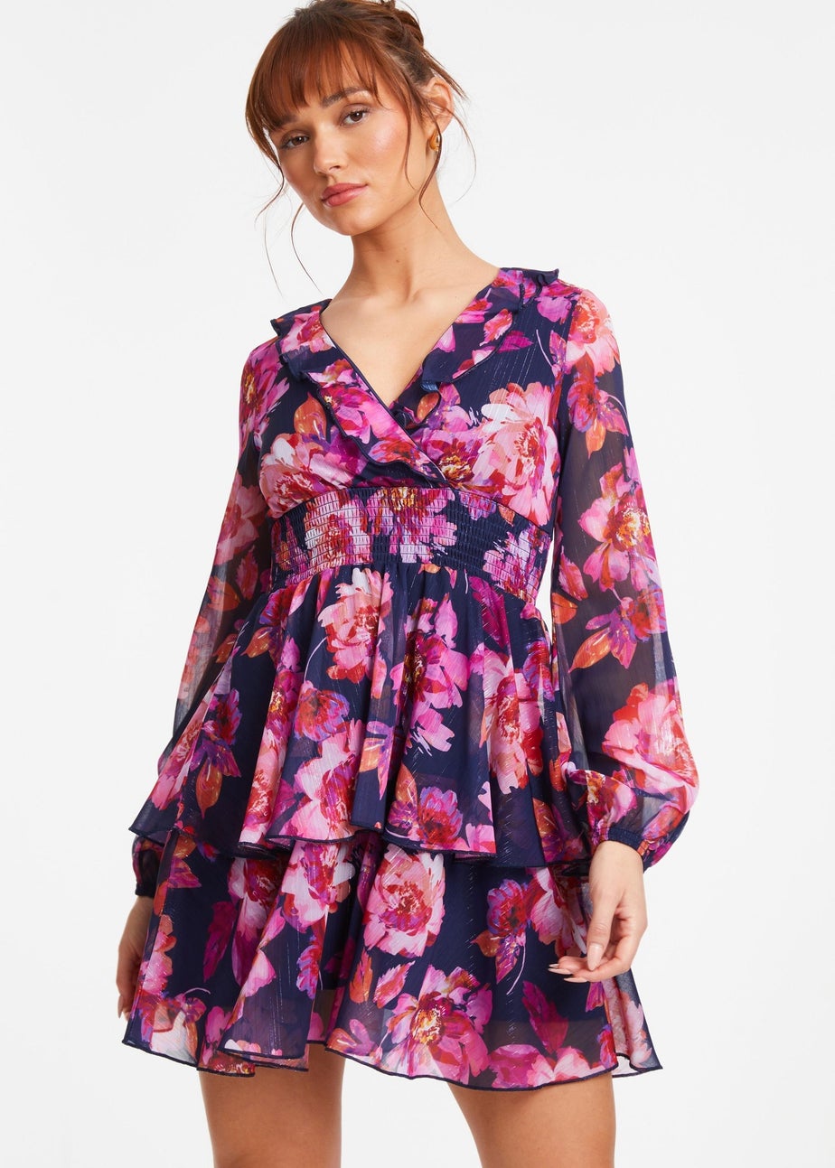 Quiz Blue Chiffon Floral Tiered Skater Mini Dress