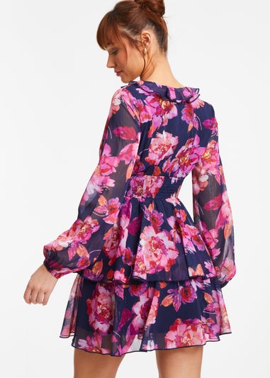 Quiz Blue Chiffon Floral Tiered Skater Mini Dress