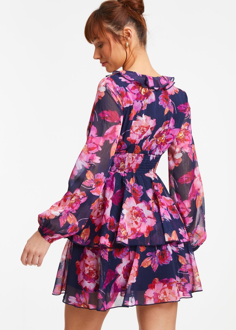 Quiz Blue Chiffon Floral Tiered Skater Mini Dress