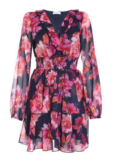 Quiz Blue Chiffon Floral Tiered Skater Mini Dress