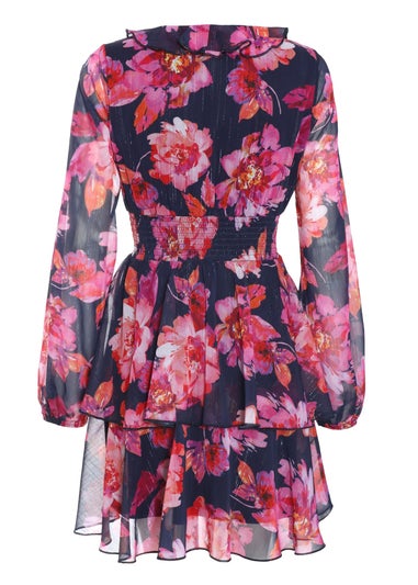 Quiz Blue Chiffon Floral Tiered Skater Mini Dress