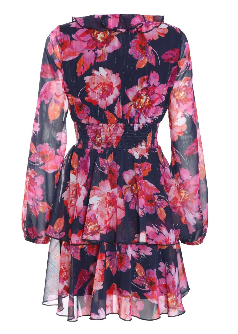 Quiz Blue Chiffon Floral Tiered Skater Mini Dress