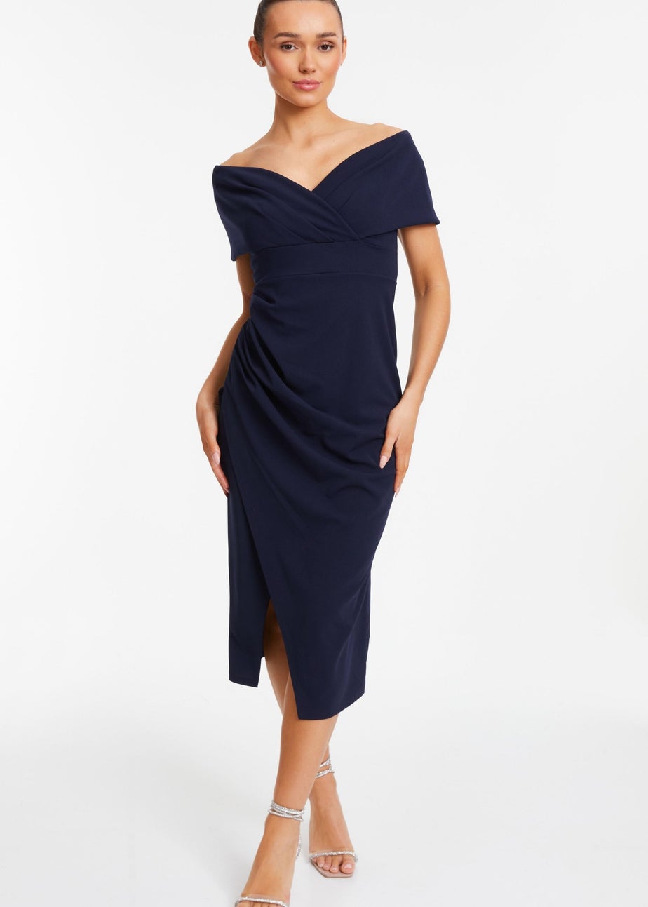 Quiz Blue Bardot Ruched Wrap Midi Dress