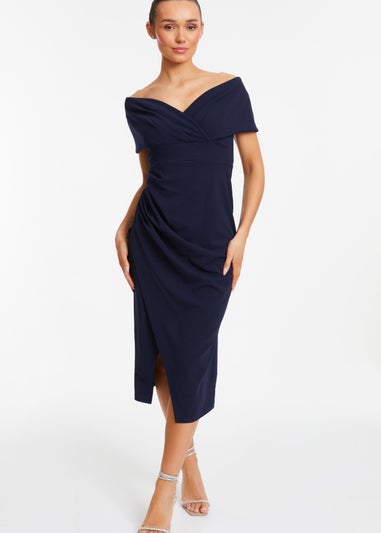 Quiz Blue Bardot Ruched Wrap Midi Dress