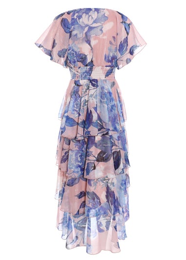 Quiz Pink Floral Dip Hem Tiered Midi Dress