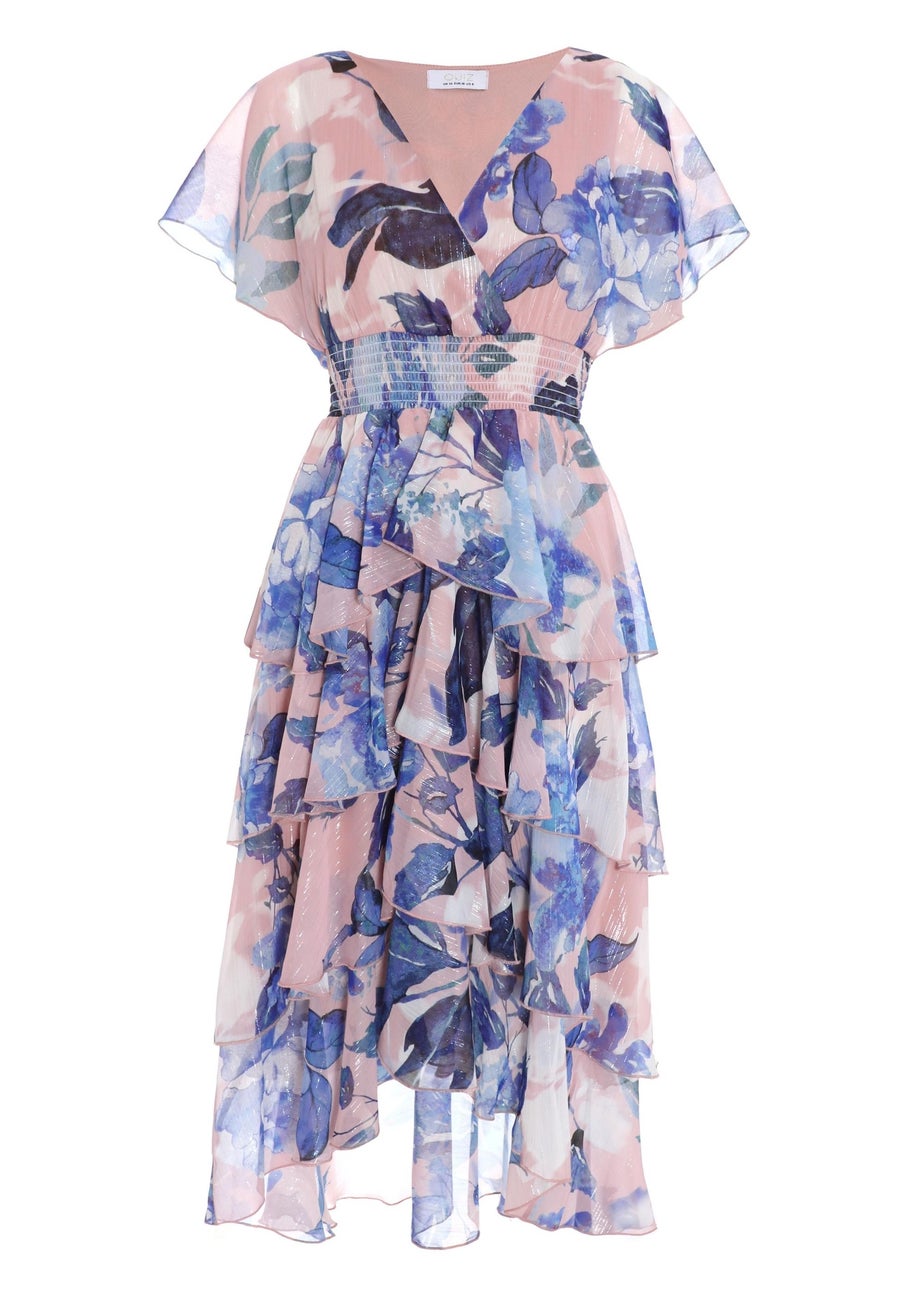 Quiz Pink Floral Dip Hem Tiered Midi Dress