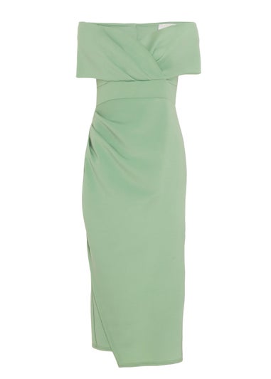 Quiz Green Sage Bardot Ruched Wrap Midi Dress