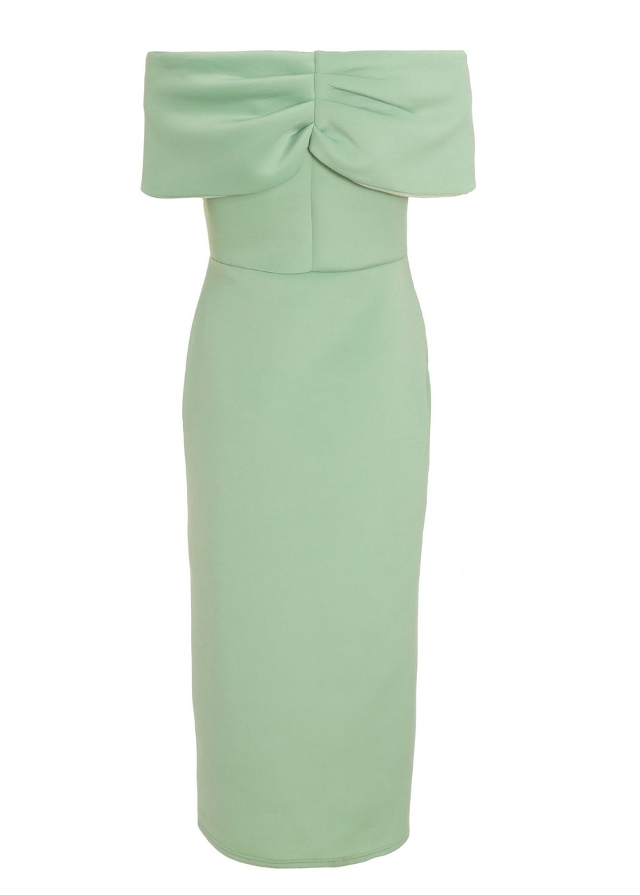 Quiz Green Sage Bardot Ruched Wrap Midi Dress