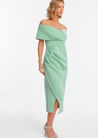 Quiz Green Sage Bardot Ruched Wrap Midi Dress