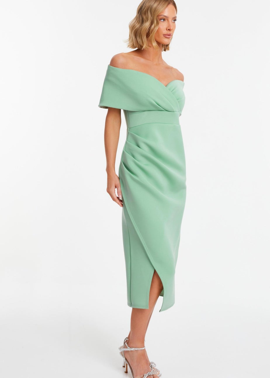 Quiz Green Sage Bardot Ruched Wrap Midi Dress