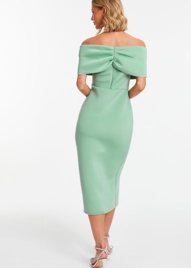 Quiz Green Sage Bardot Ruched Wrap Midi Dress