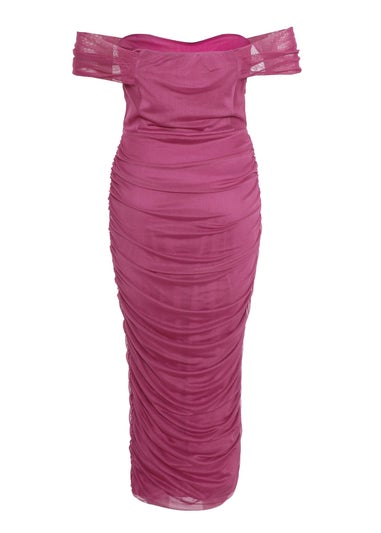 Quiz Red Mesh Bardot Ruched Midi Dress