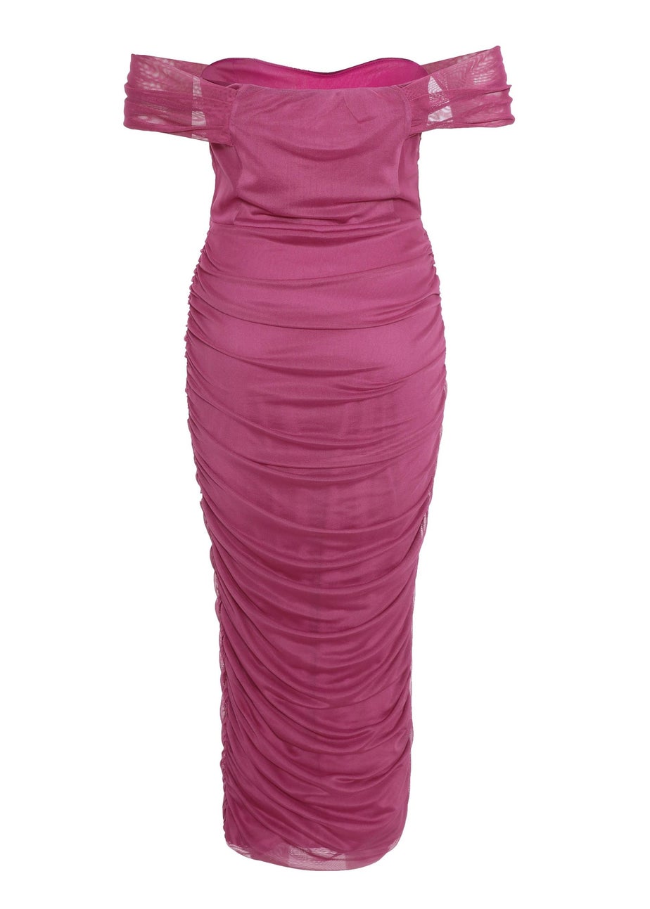 Quiz Red Mesh Bardot Ruched Midi Dress