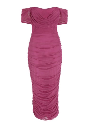 Quiz Red Mesh Bardot Ruched Midi Dress