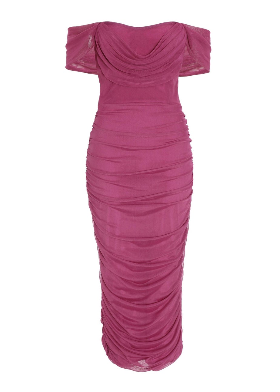 Quiz Red Mesh Bardot Ruched Midi Dress