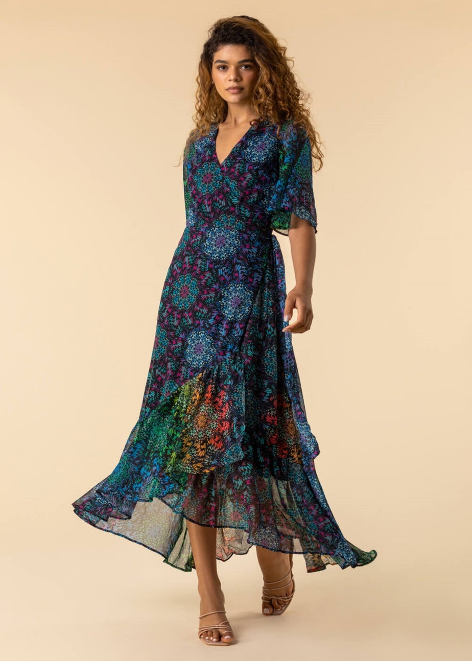 Roman Multi Abstract Print Maxi Wrap Dress