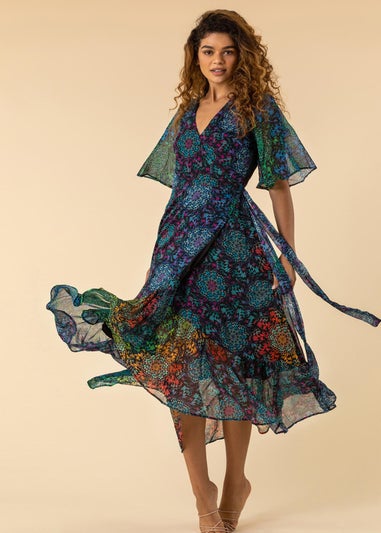 Roman Multi Abstract Print Maxi Wrap Dress