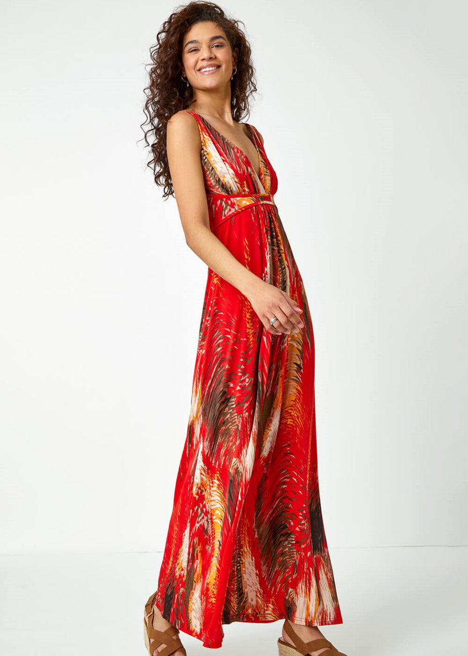 Roman Orange Abstract Print Stretch Jersey Maxi Dress