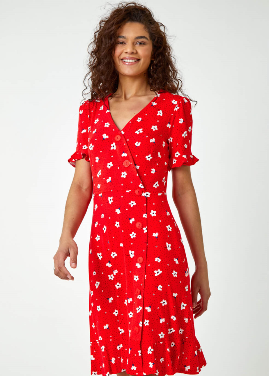 Roman Red Floral Jersey Wrap Skater Tea Dress