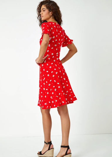 Roman Red Floral Jersey Wrap Skater Tea Dress