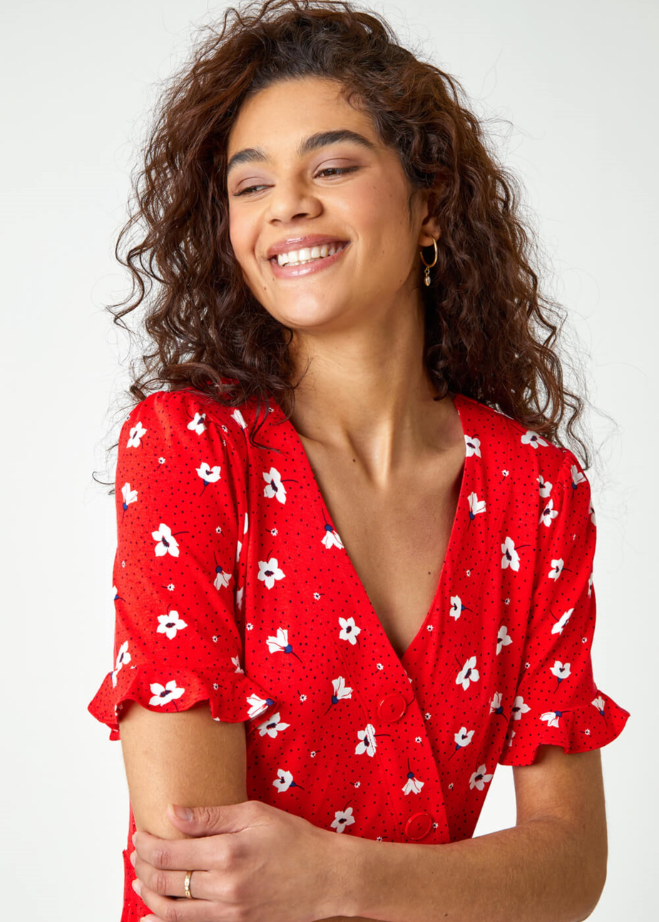Roman Red Floral Jersey Wrap Skater Tea Dress