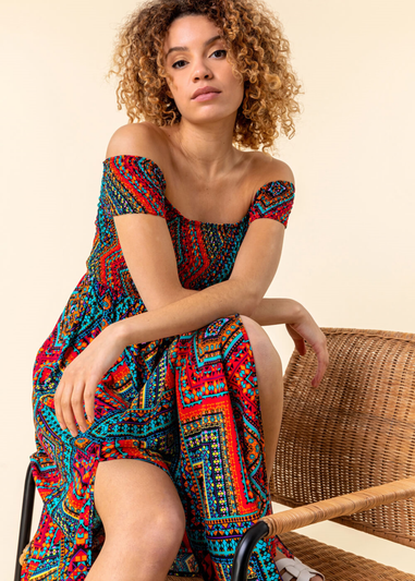 Roman Multi Shirred Aztec Print Bardot Dress