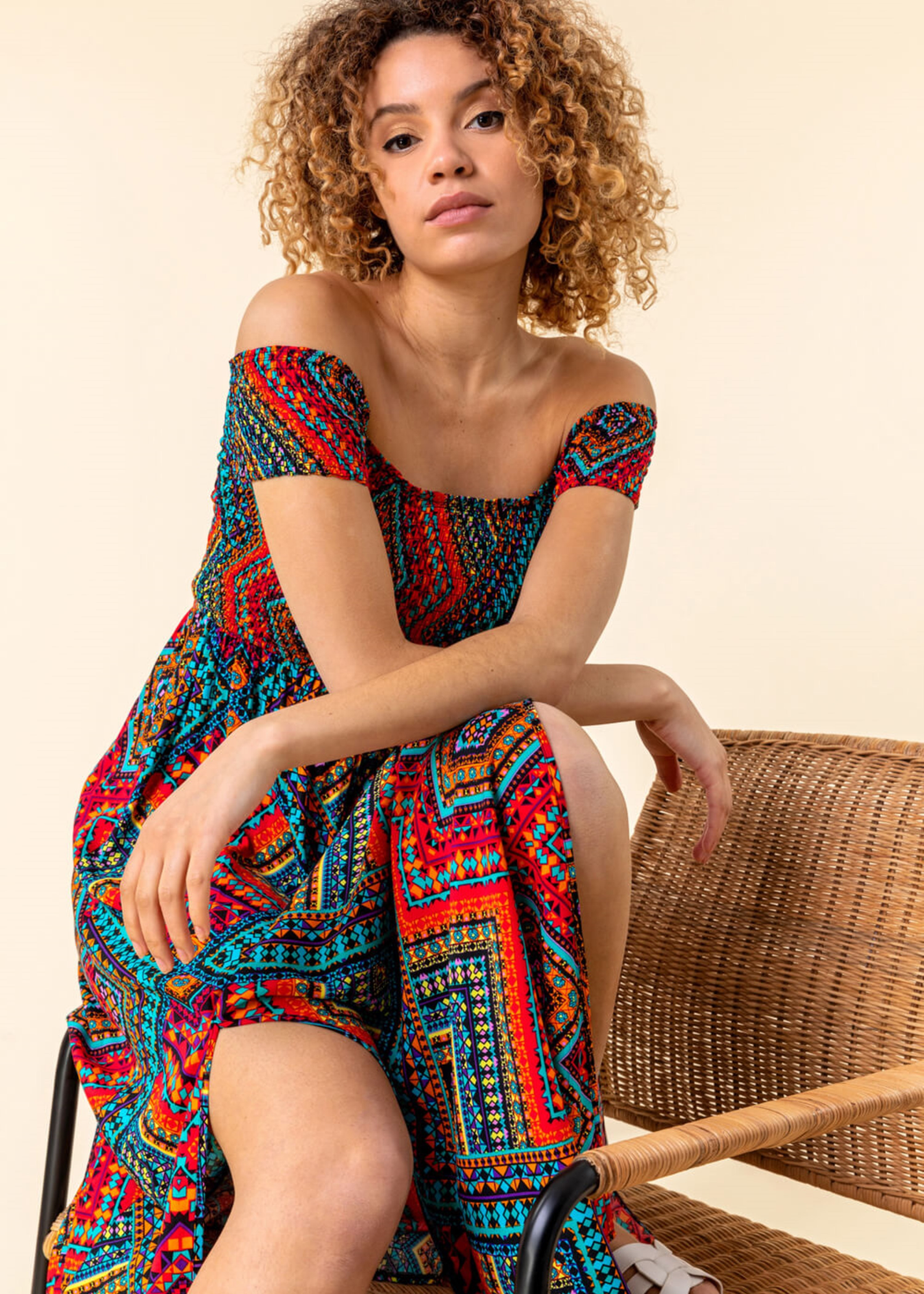 Roman Multi Shirred Aztec Print Bardot Dress