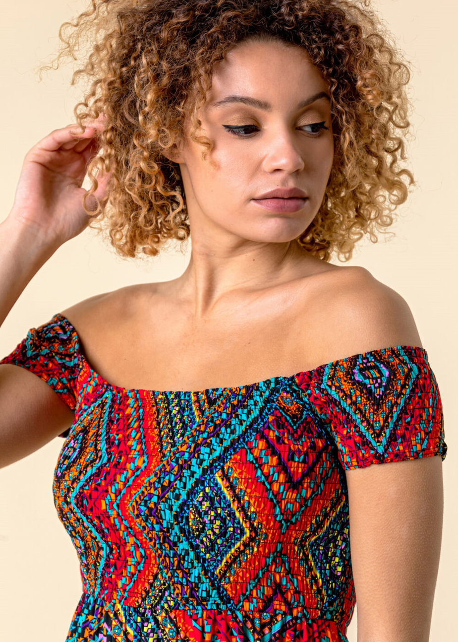 Roman Multi Shirred Aztec Print Bardot Dress