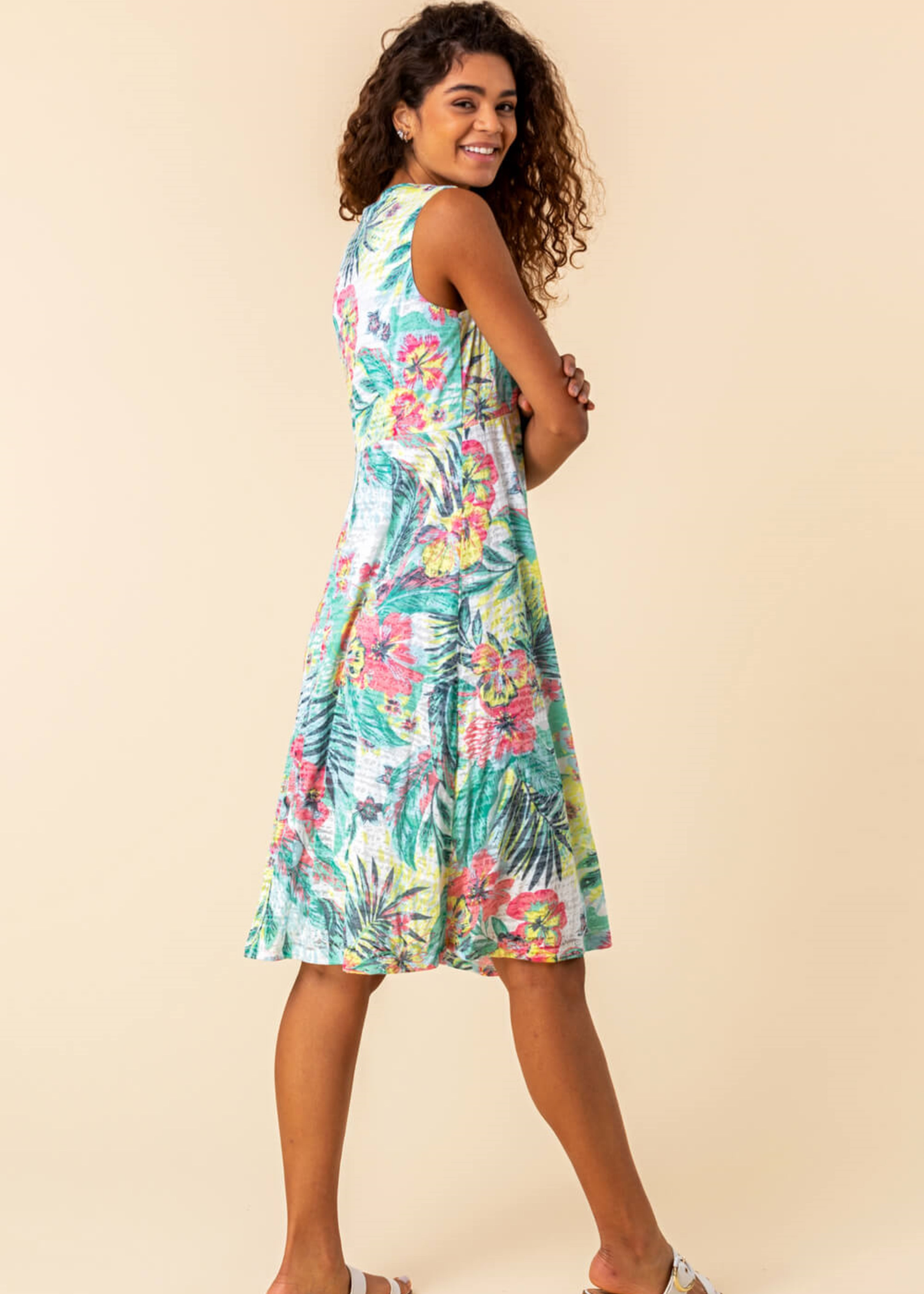 Roman Green Burnout Tropical Print Stretch Dress