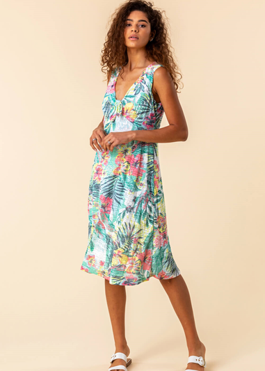 Roman Green Burnout Tropical Print Stretch Dress
