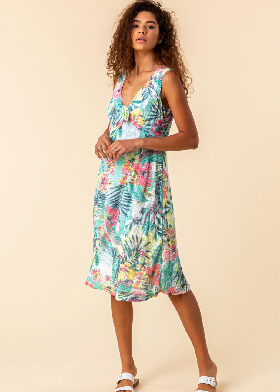 Roman Green Burnout Tropical Print Stretch Dress
