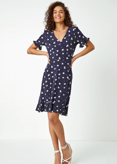 Roman Navy Floral Jersey Stretch Tea Dress