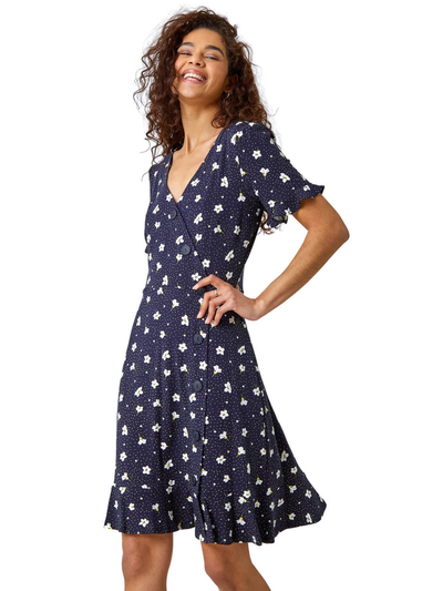 Roman Navy Floral Jersey Stretch Tea Dress