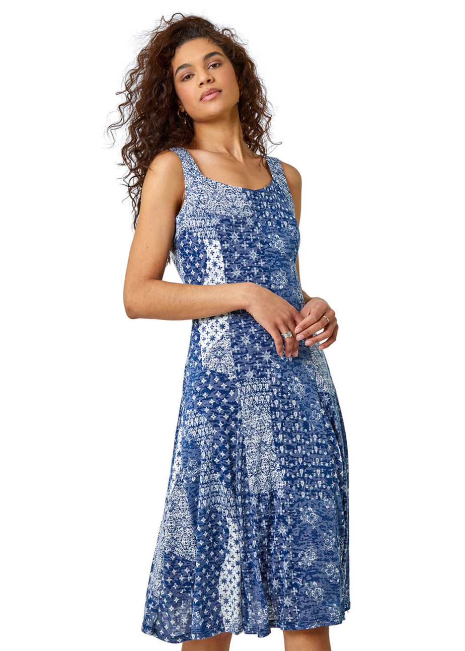 Roman Blue Patchwork Print Fit and Flare Skater Dress