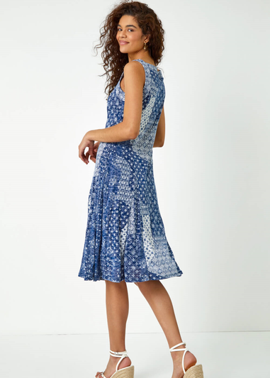 Roman Blue Patchwork Print Fit and Flare Skater Dress