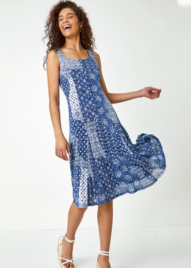 Roman Blue Patchwork Print Fit and Flare Skater Dress