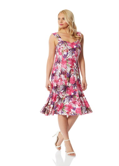 Roman Pink Tropical Floral Panel Stretch Skater Dress