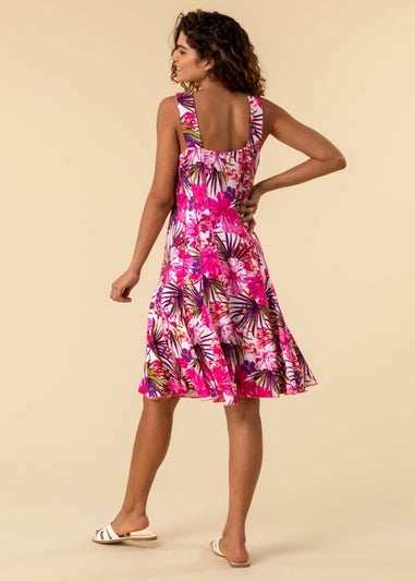 Roman Pink Tropical Floral Panel Stretch Skater Dress