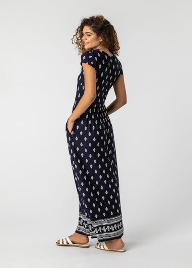 Roman Navy Paisley Border Print Stretch Maxi Dress