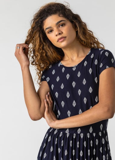 Roman Navy Paisley Border Print Stretch Maxi Dress