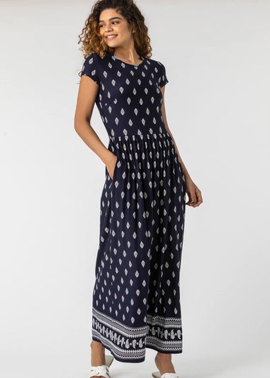 Roman Navy Paisley Border Print Stretch Maxi Dress