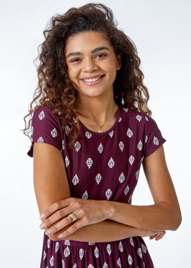 Roman Wine Paisley Border Print Stretch Maxi Dress